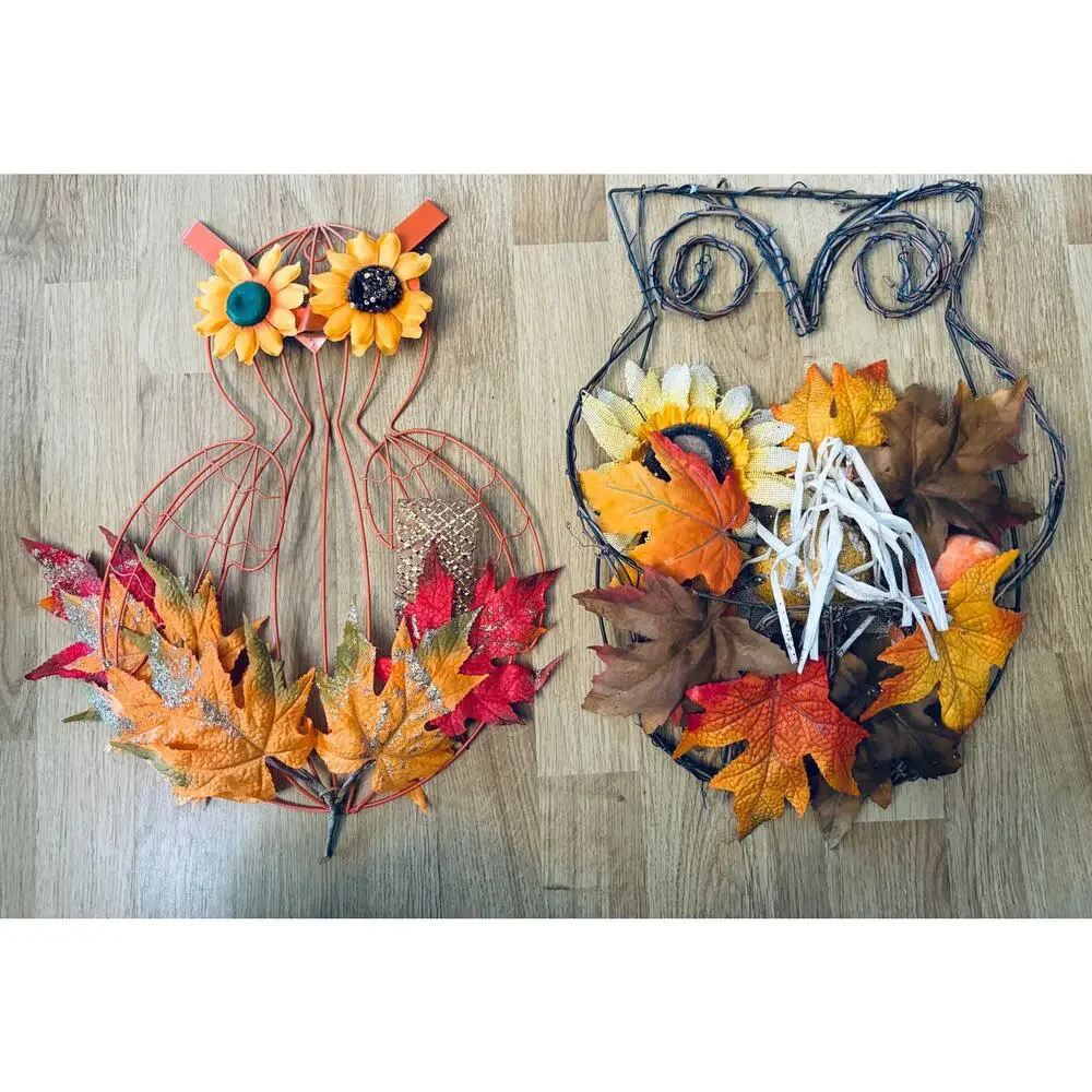 (2) Fall Autumn Harvest decorative owl-shaped wreaths
